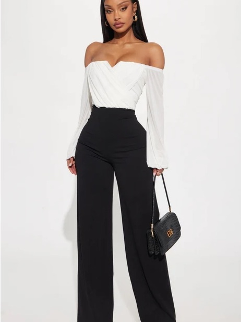 Fashion Nova White & Black Off-Shoulder Jumpsuit